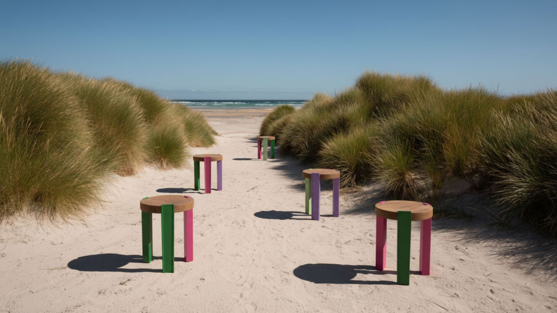 Colorful stools on a sandy beach with grassy dunes and clear sky.