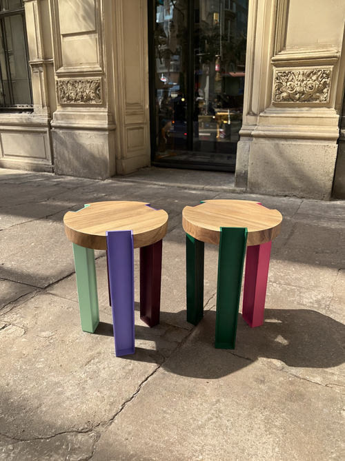 Lisse Stool with Walnut wood top and brushed metal legs modern side table and art object