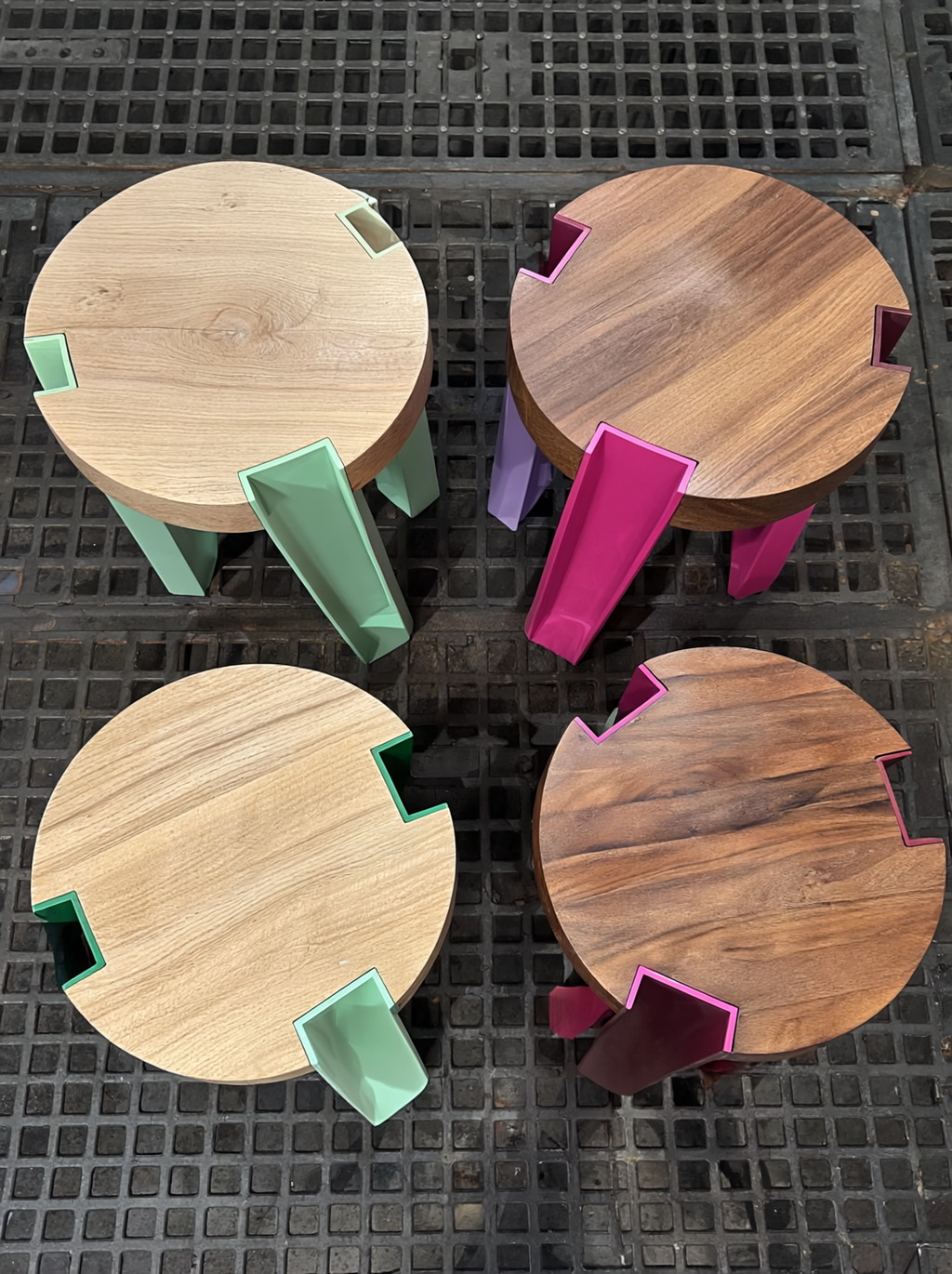 Designer stool and side table with White Oak top and brushed metal legs in bold colours