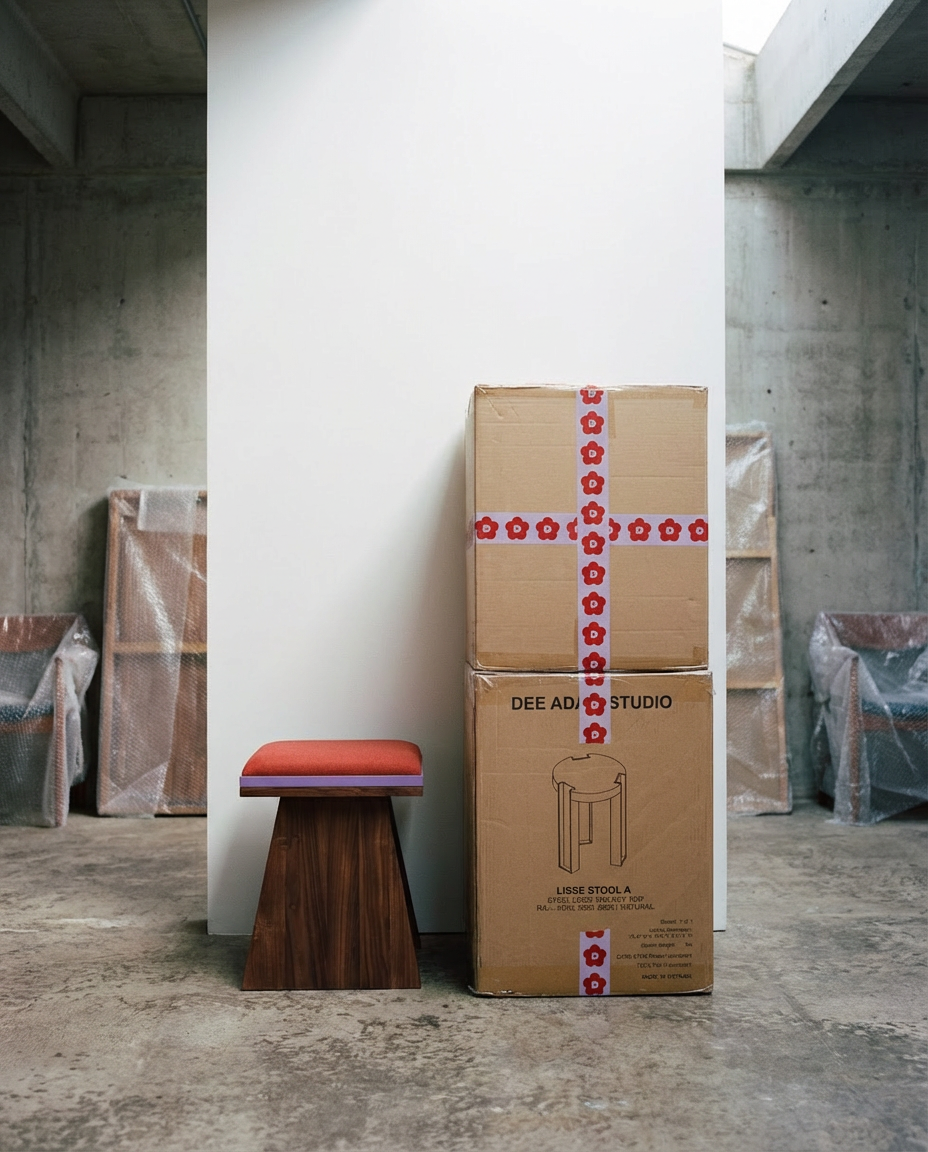 Stack of cardboard boxes with a stool in front in an industrial setting