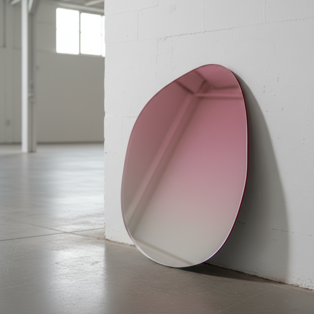 Pink gradient mirror leaning against a white wall in a minimalistic room.