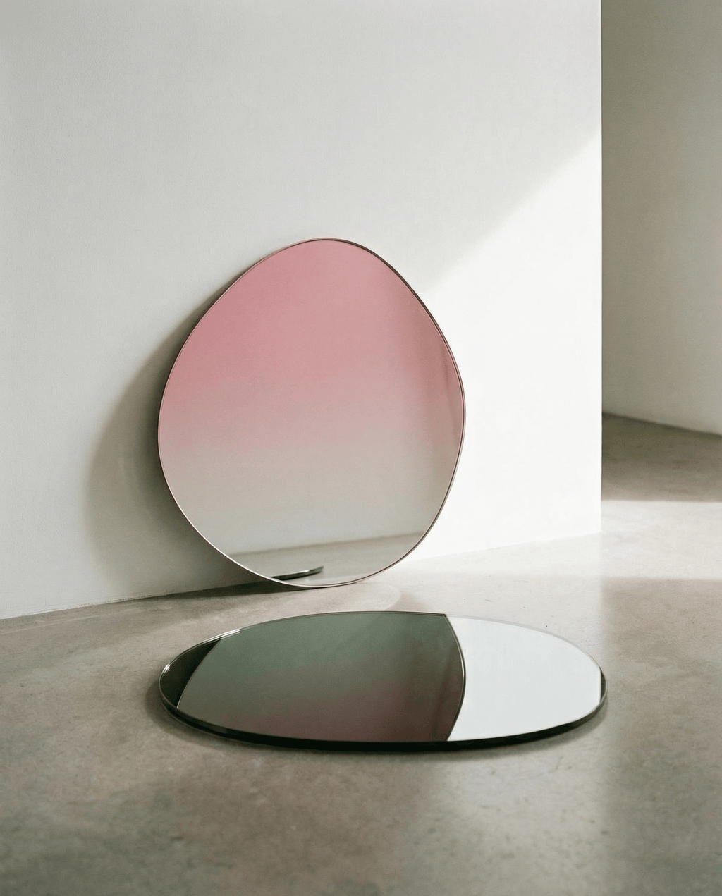 Two oval mirrors with gradient pink to clear design on a neutral background